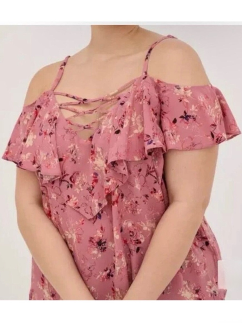Torrid Georgette Pink Floral Off Shoulder Lightweight Flowy Ruffled Blouse Sz L‎